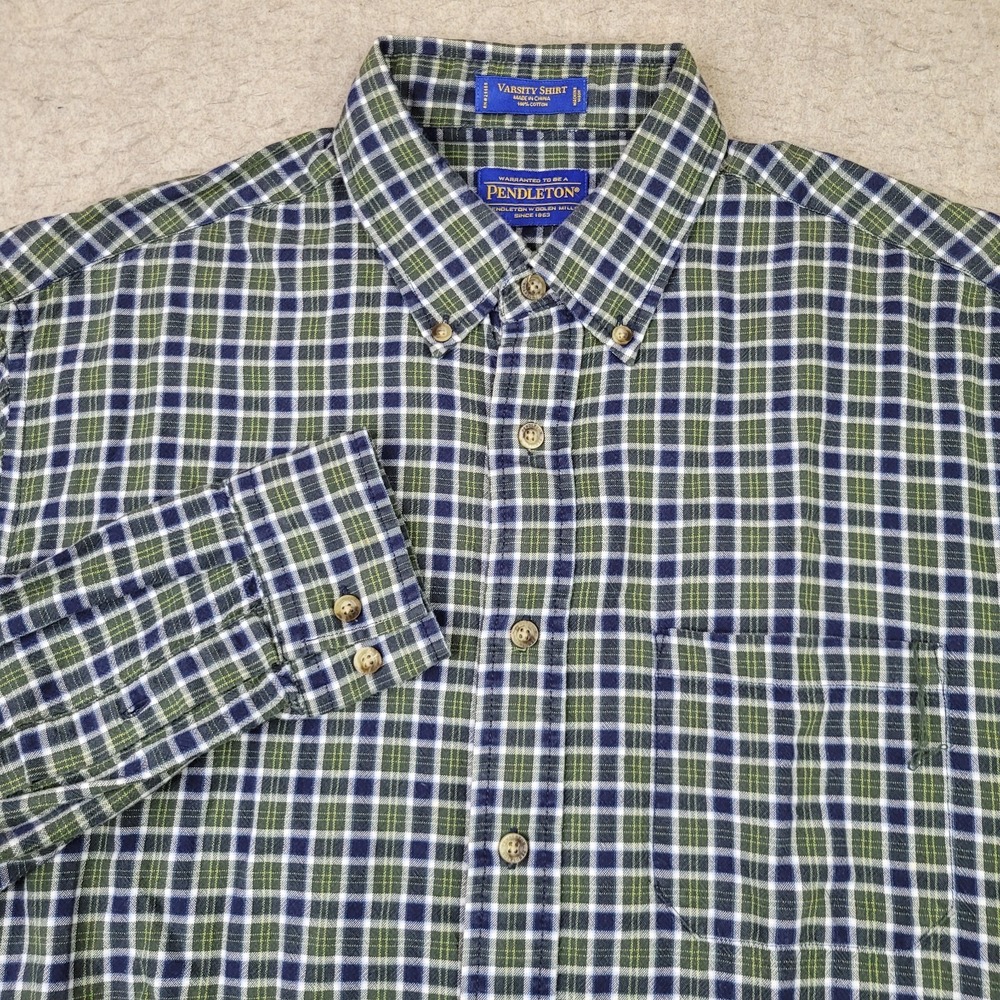 Pendleton Varsity Shirt Mens L Green Plaid Long Sleeve Button‎ Up Flannel